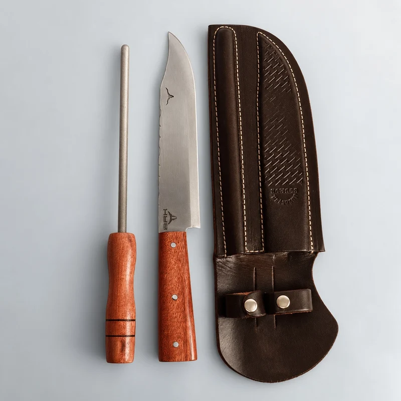Kit Faca e Chaira 9" Bainha Marrom Trançada