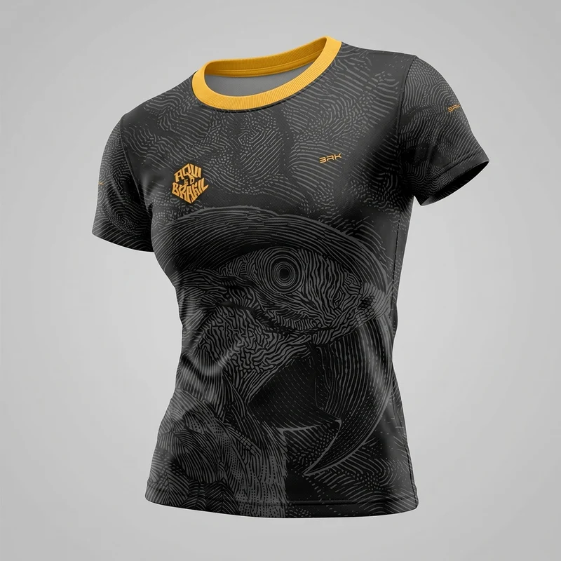 Camisa Casual Feminina Brk Aqui é o Brasil Arara Sombreada Preta com Proteção Solar UV50+ PP