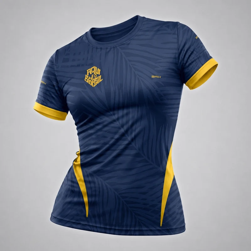 Camisa Casual Feminina Brk Aqui é o Brasil Tropical Azul Marinho com Proteção Solar UV50+ PP