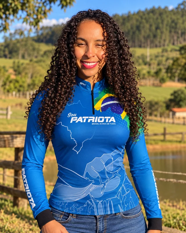 Camisa Feminina Azul Patriota Bandeira do Brasil com Proteção UV50 PP