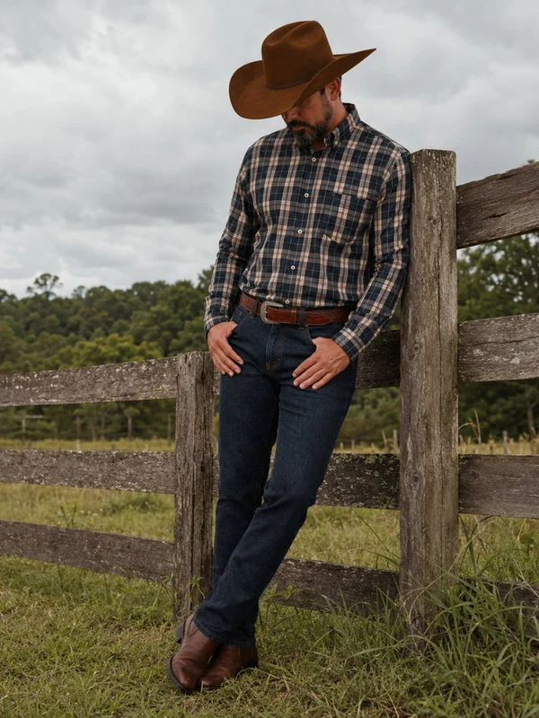 Camisa Xadrez Ranch Azul Marinho - Manga Longa M