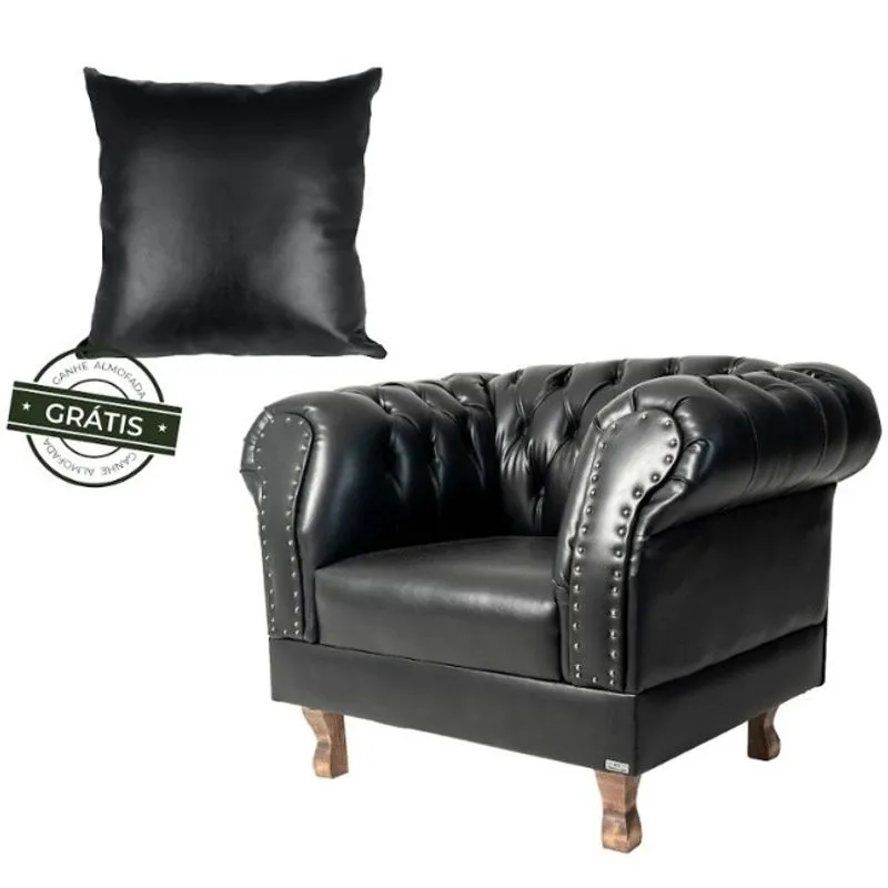 Uma Poltrona Chesterfield Duque + Uma Almofada - Corano Preto / sala de estar Recepção