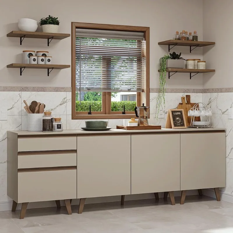 Armário De Cozinha Completa 240cm Crema Nice Madesa 01 Crema