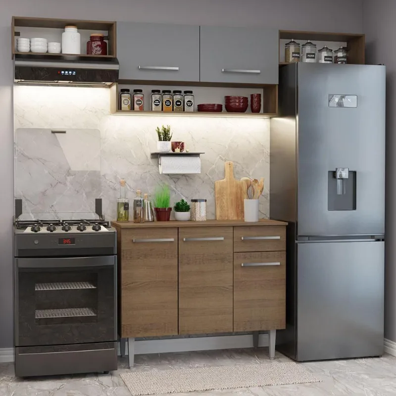 Armário De Cozinha Completa 225cm Rustic/cinza Emilly Madesa 01 Rustic/cinza