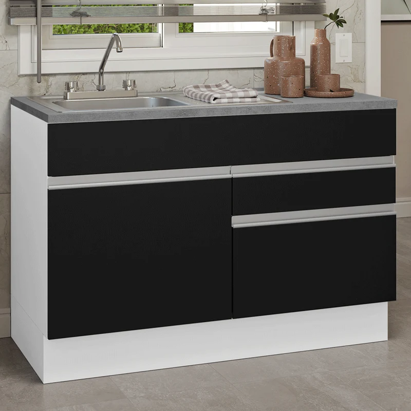 Gabinete Bajo para Fregadero con Accesorios de Cocina 120 cm 1 Puerta 2 Cajones Blanco/Negro Glamy Madesa
