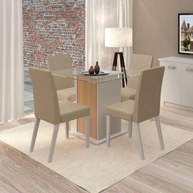 Conjunto Sala de Jantar Mesa e 4 Cadeiras Tais Madesa Branco e Bege