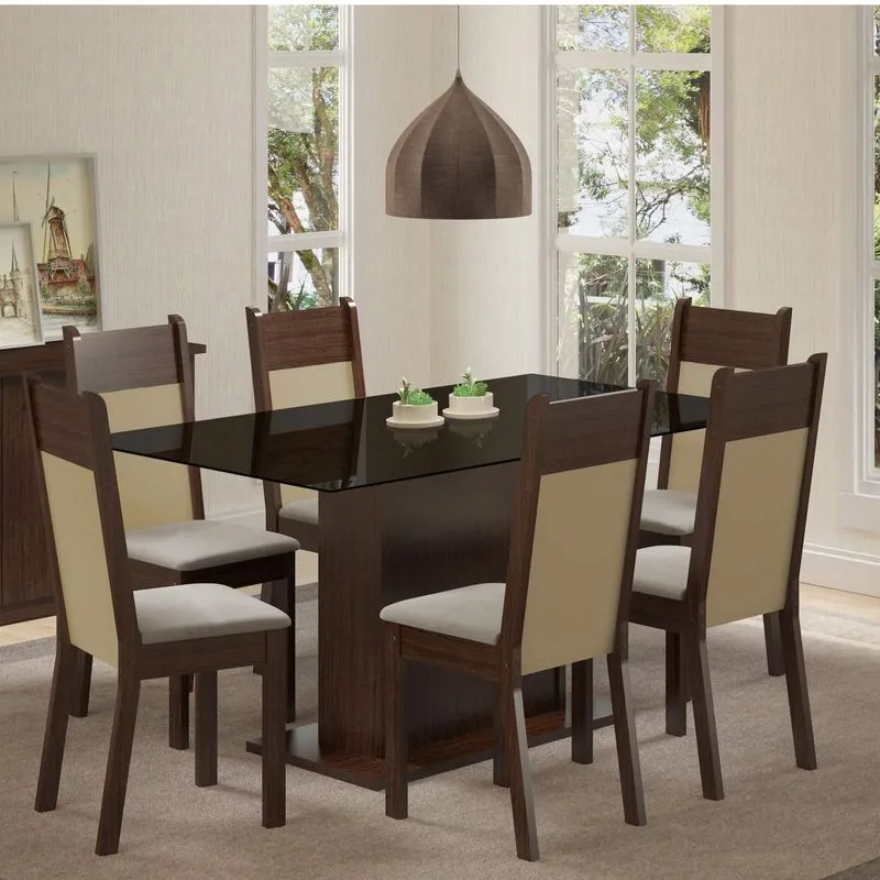 Conjunto Sala de Jantar Mesa 6 Cadeiras Atlanta Madesa Tabaco/Pérola/Preto