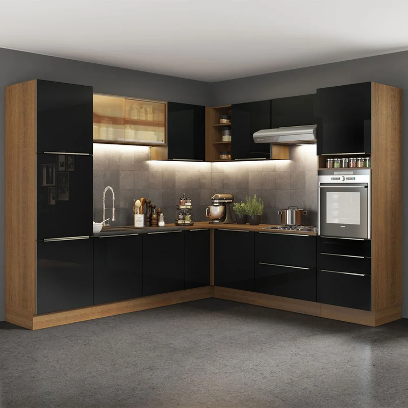 Armário de Cozinha Completa de Canto 546 x 60 cm Rustic/Preto Lux Madesa 01