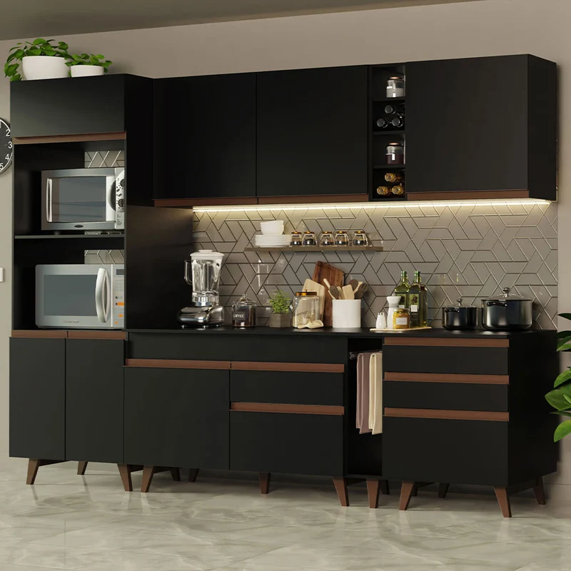 Combo completo de Cocina Reims 270 cm 8 Puertas 4 Cajones (Con Mesada) Negro Madesa