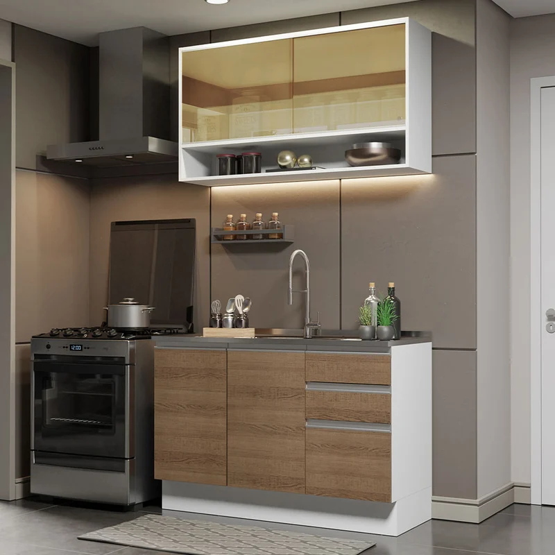 Cocina Compacta 120 cm Con Fregadero Blanco/Marrón Glamy Madesa