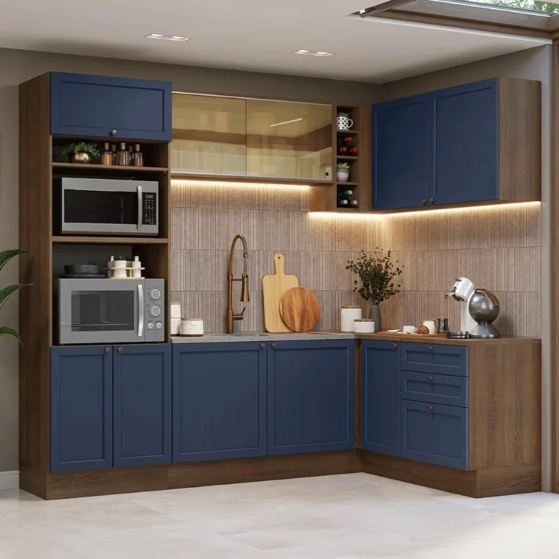 Armário Completo Vik 10 Portas 3 Gavetas Texturizado 399 cm Azul Rustic de Canto
