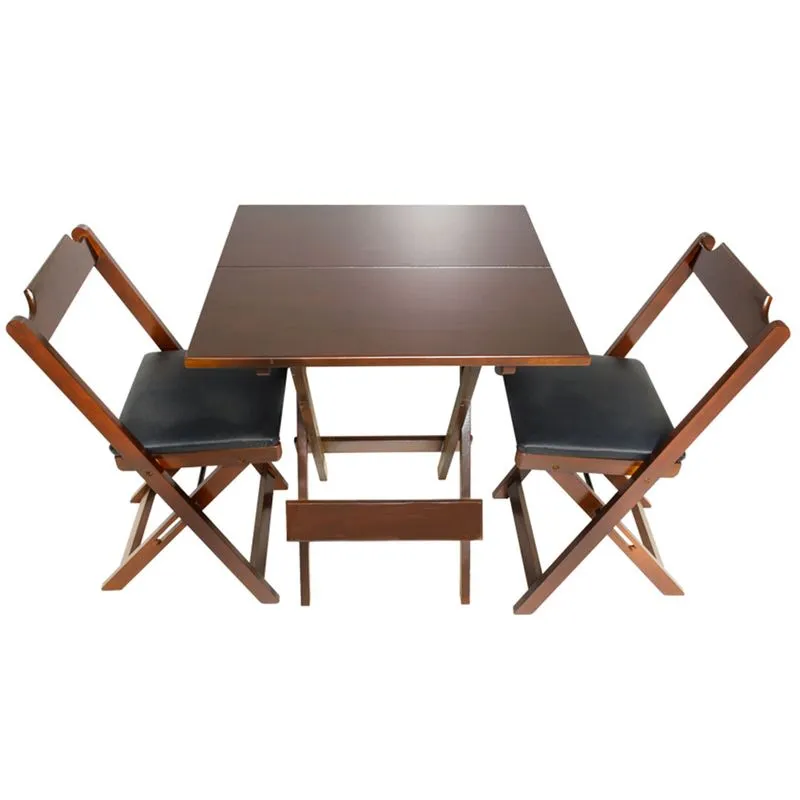 Jogo de Mesa Dobrável com 2 Cadeiras de Madeira Imbuia c/ Assento Almofadado Preto FlexConfort