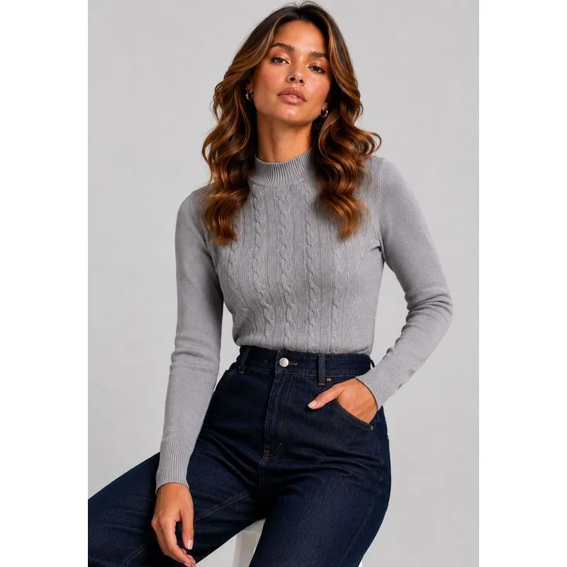 Blusa Tricot Manga Longa Gola Alta com Tranças Cinza Salvatore Tamanho P
