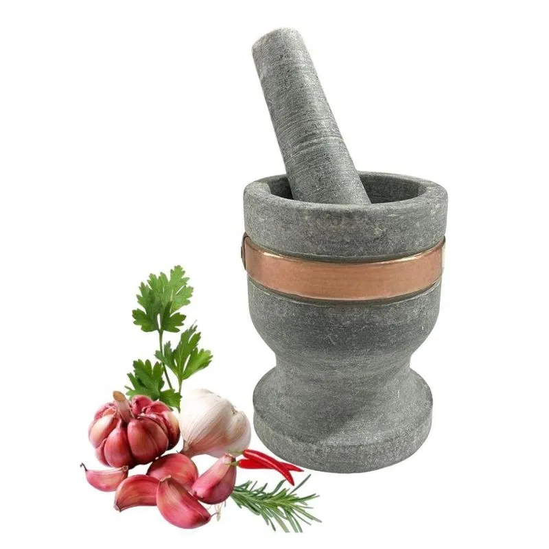 Pilão De Pedra Sabão Natural Com Acabamento Em Cobre