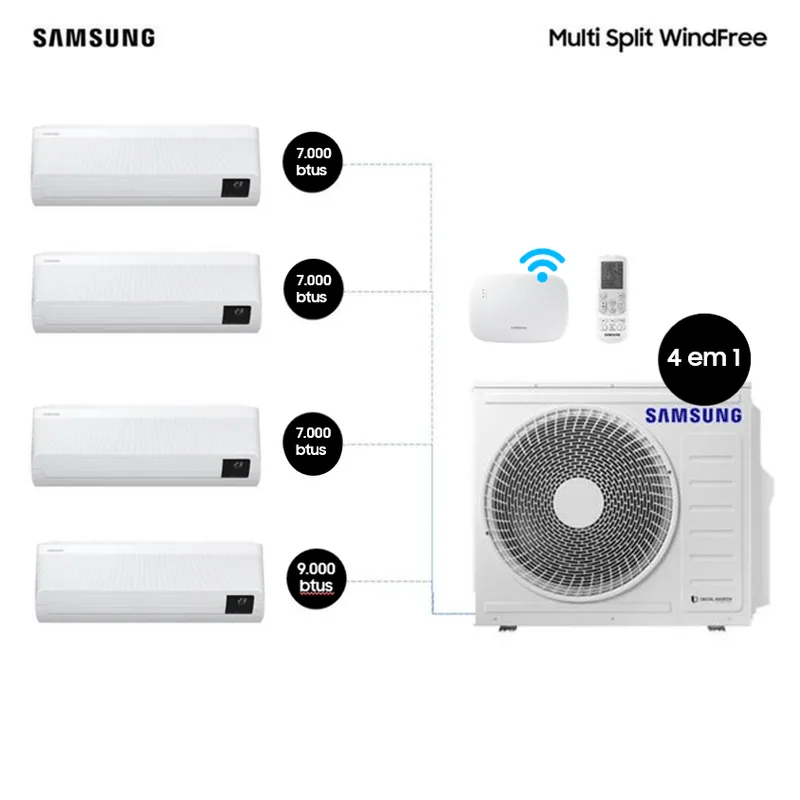 Quadri-Split Wind Free - 3x7000 + 1x9000 Btu/h HW - Samsung Ar Condicionado KIT Multi Split 4 em 1 com Wifi - até 4 ambientes