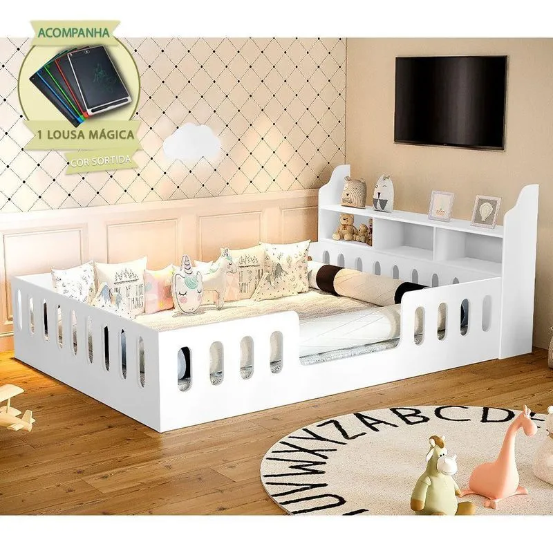 Cama Casal Montessoriana Helo Com Nicho E Lousa Mágica Madeira Branco