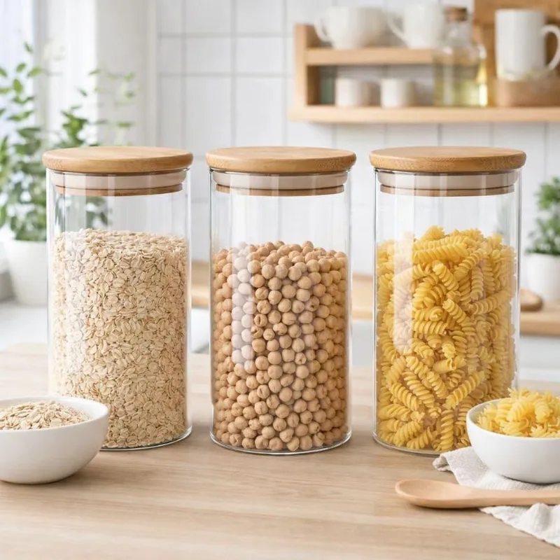 Kit 3 Potes Hermeticos de Vidro 1000ML para Mantimentos com Tampa de Bambu Cozinha Transparente