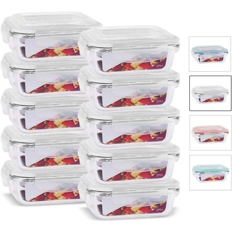 Kit 10 Potes Vidro Retangular House Organizer para Armazenar Alimentos 370ML Azul Casa Linda