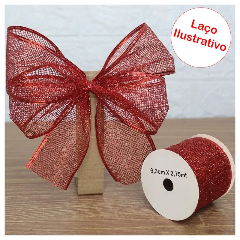 Rolo Fita Aramada Vermelha Natal Decoração Natalina 6,3cm X 2,75m