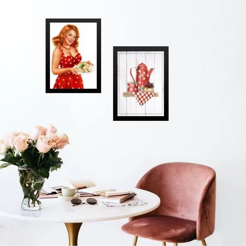Kit 2 Quadros Cozinha Retrô Pin Up Vermelha 33x24cm