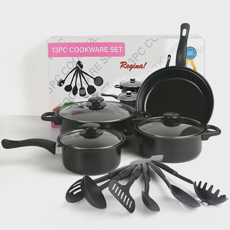 Kit Conjunto De Panelas Antiaderente Ergonômica Frigideira Tampa De Vidro + Utensílios De Cozinha 13 peças