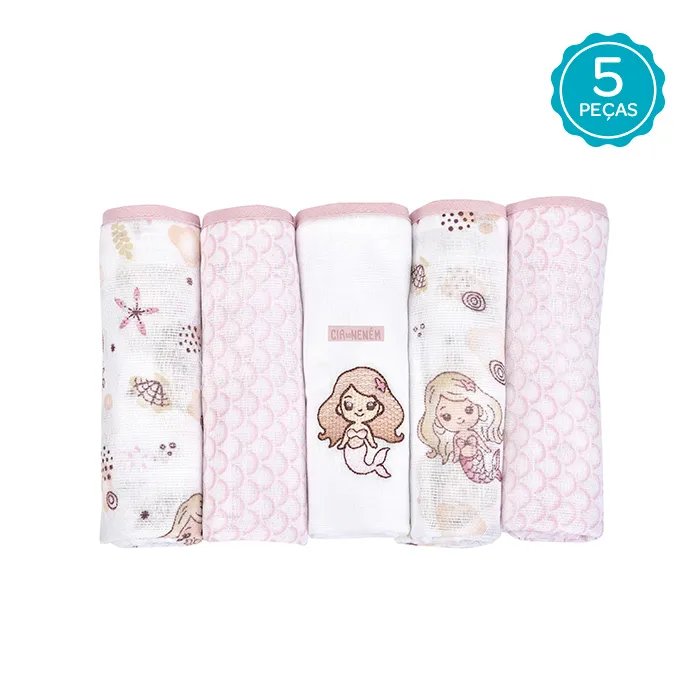 Fralda de Pano com Bainha e Bordado Luxo 5 unid Enxoval Rosa 70cm x 68cm Cia Nenem