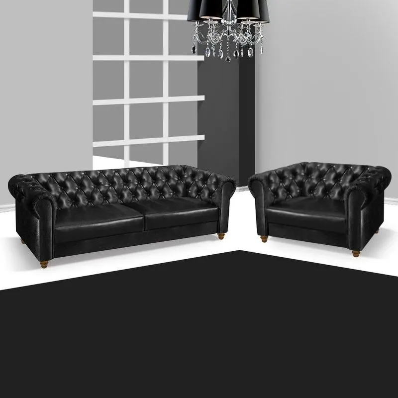 Sofá + poltrona chesterfield arte estofados Viena corino preto