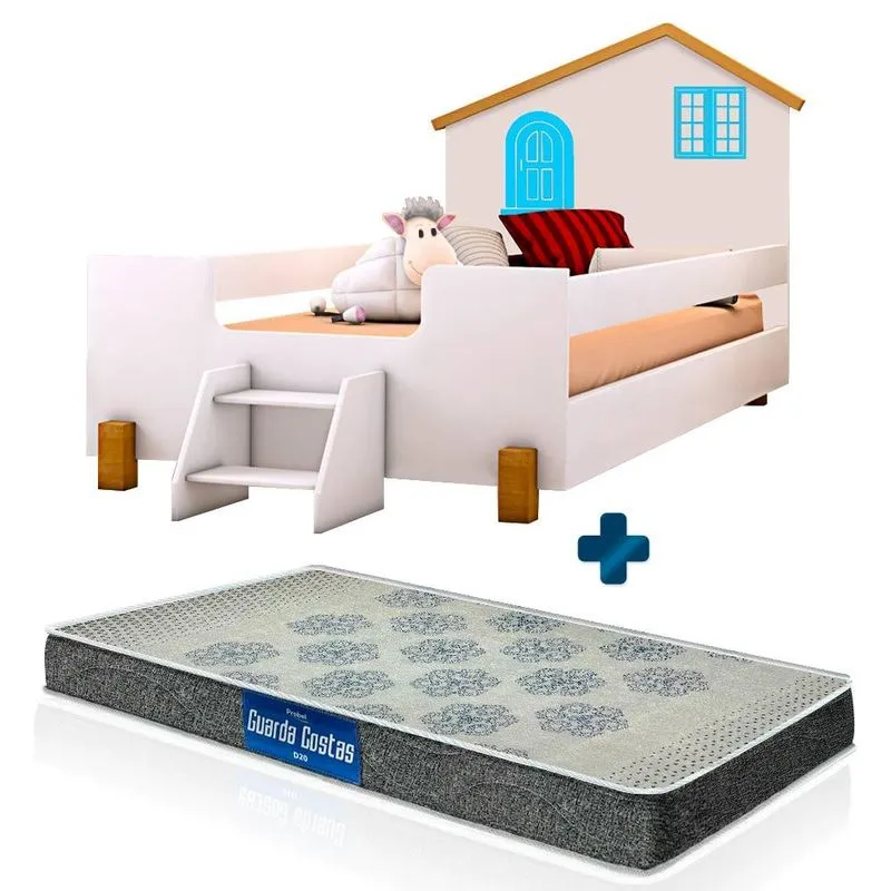 Cama Montessoriana Casinha Solteiro Com Escadinha Branco Azul Belíssima Divaloto Com Colchão Probel D20