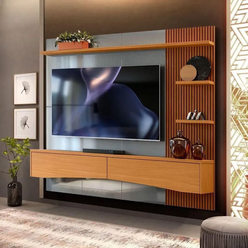 Painel De Tv Para Sala Até 65 Polegadas Cinza Perolizado E Marrom Tabitha Shop Jm