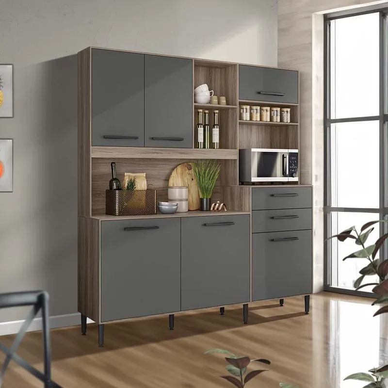 Cozinha Pequena Completa 5 Portas 3 Gavetas 180cm Carvalho Nature Cinza Wilhelm Shop Jm