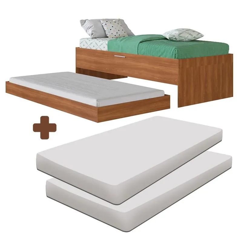 Cama Box De Solteiro Com Auxiliar E 2 Colchões Nogal Torca Shop Jm