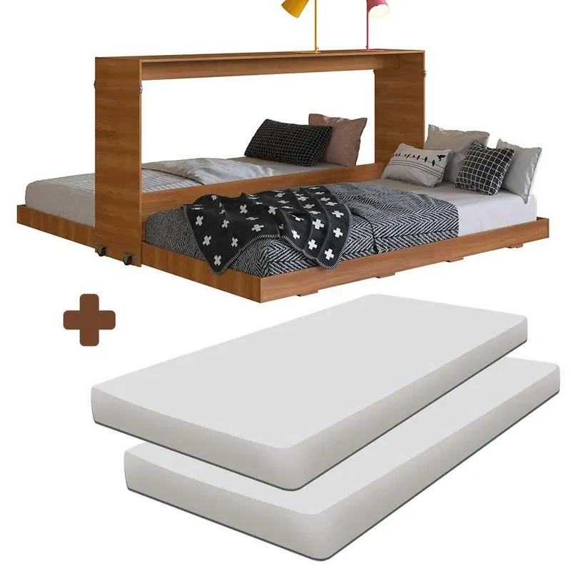 Cama Dupla Multifuncional Com Detalhe Frisado Nogal Com 2 Colchões Fokas Shop Jm