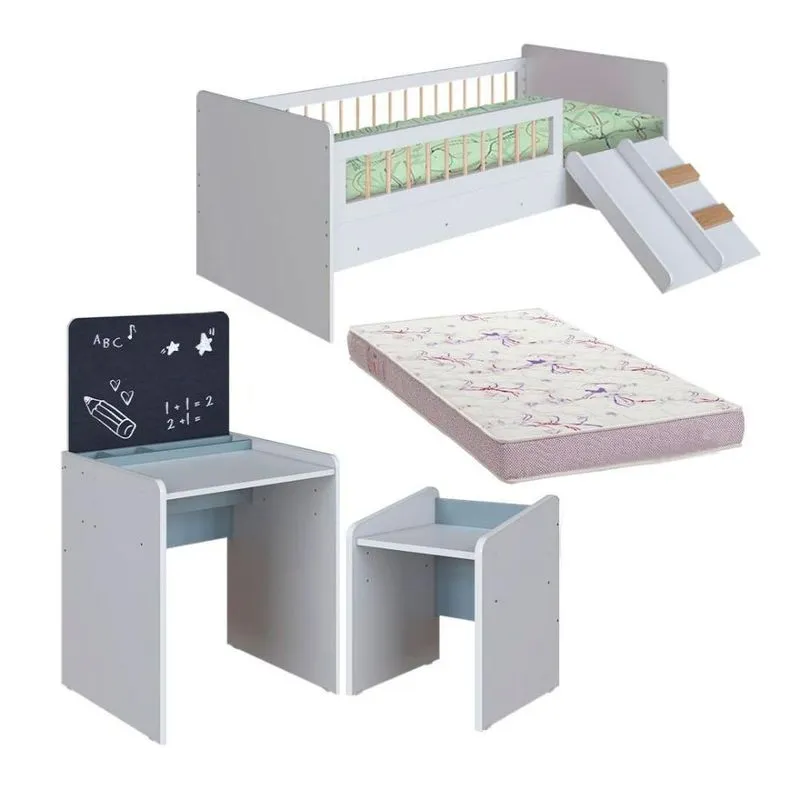Kit Cama Montessoriana E Colchão Ortobom Com Mesa Com Quadro E Banqueta Infantil Branco Azul Spencer Shop Jm