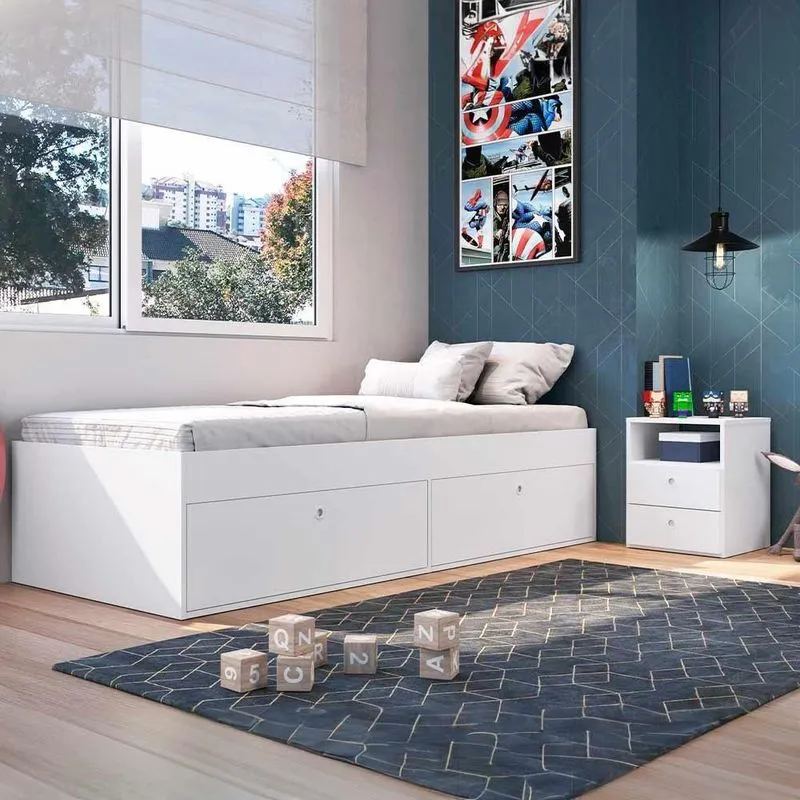 Cama Solteiro Com Gavetas E Mesa De Cabeceira Branco Tokio Art In Móveis