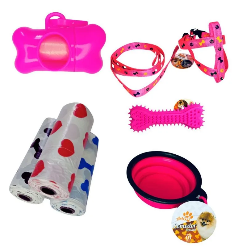 Kit Passeio Com Cachorro Coleira Comedouro Cata Caca Pet 5un