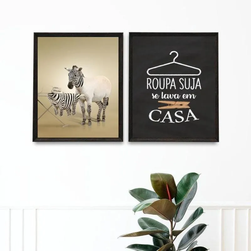 Kit 2 Quadros Divertidos Lavandería Zebra 24X18Cm - Vidro