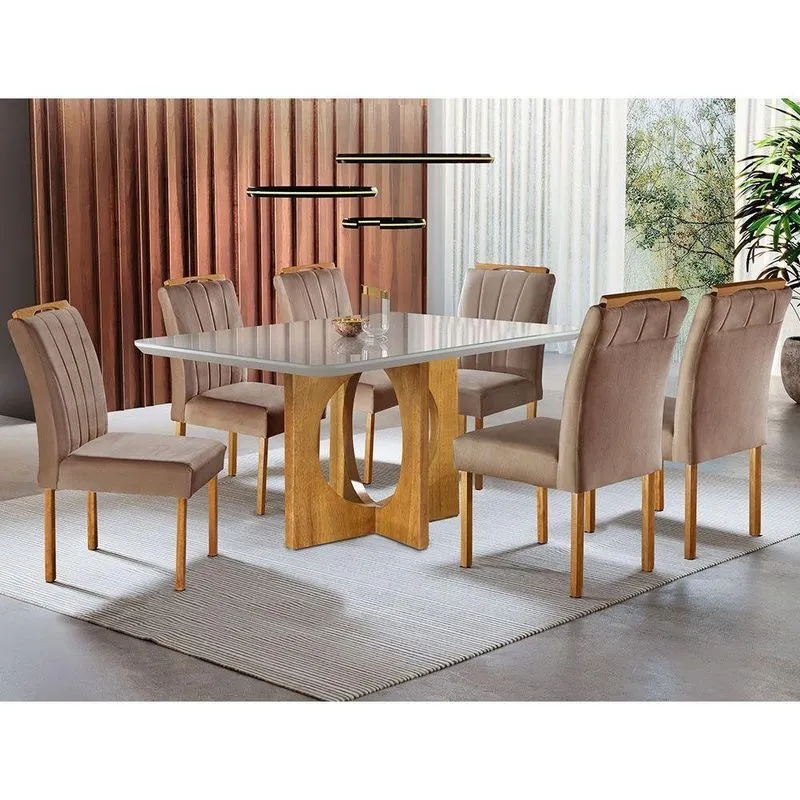 Mesa de Jantar 6 Lugares Cadeiras Juliana em Suede Bege Móveis Mix Mel/Off-White/Bege
