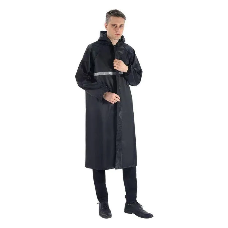 Capa De Chuva Longa Impermeável Com Capuz Com Visor Adulto Faixa Refletiva Masculino Feminina Preto