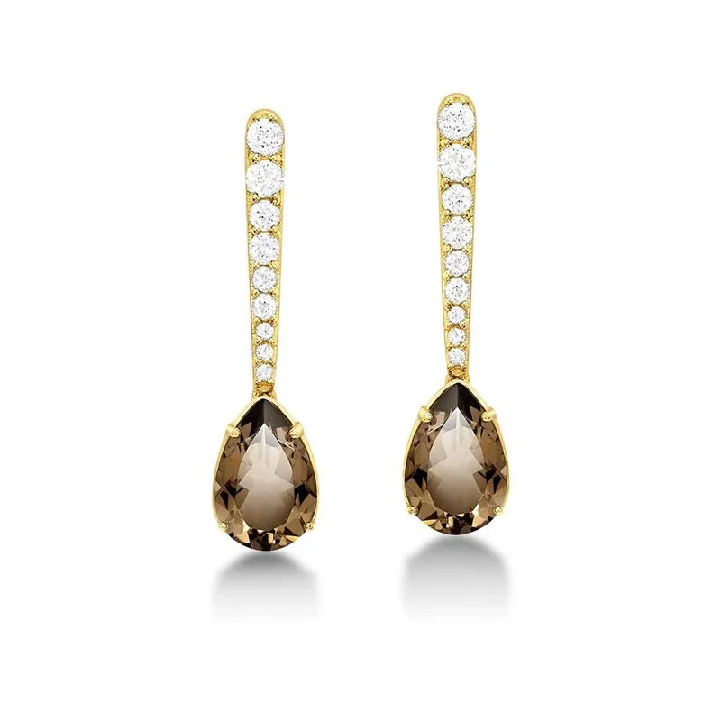Brinco Longo de Ouro 18k Gota com Quartzo Fumê e Safiras Incolores