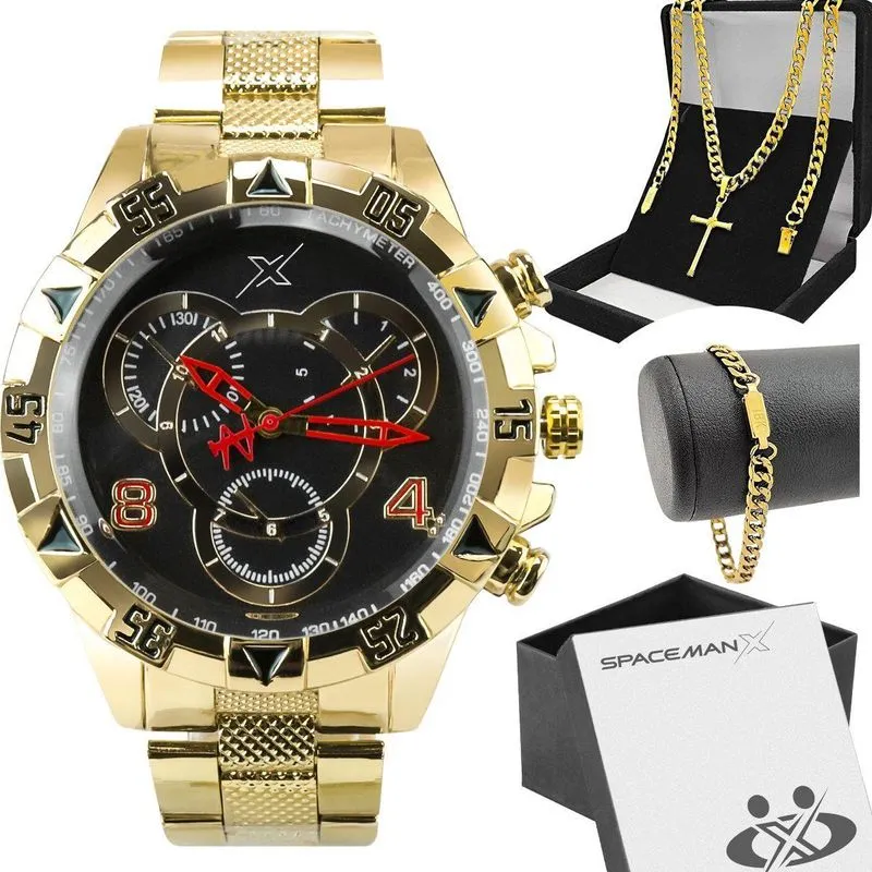 Relogio Masculino Aço Dourado + Caixa + Pulseira Pesado