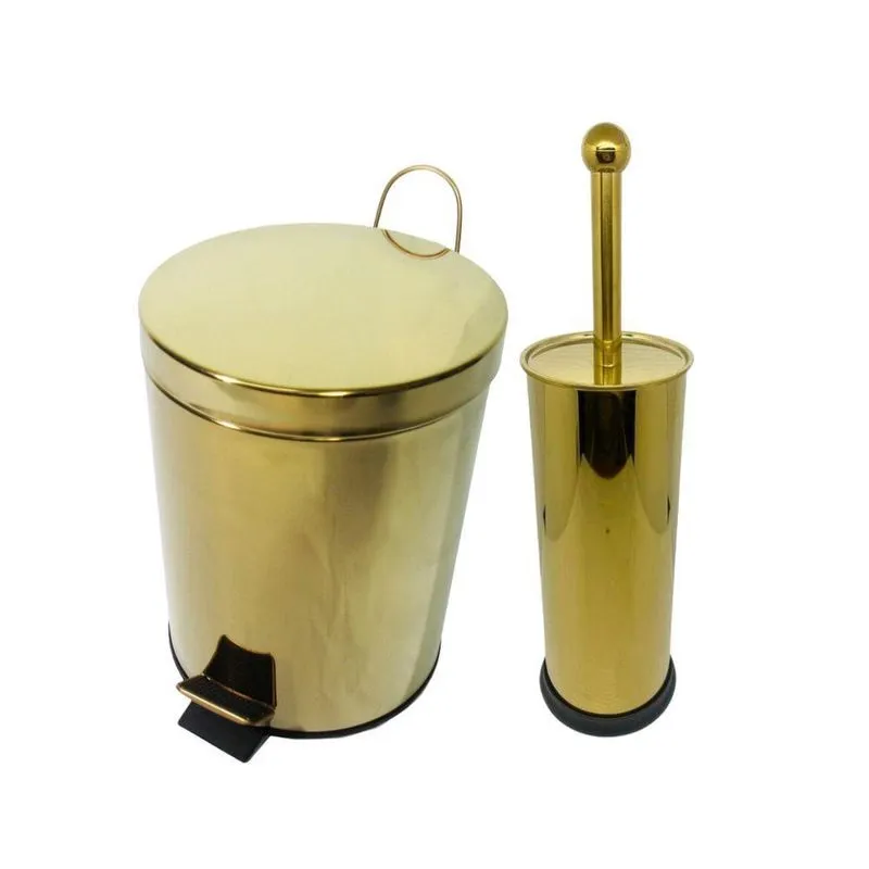 Kit Lavabo Inox Dourado Lixeira Pedal 12L E Escova Sanitaria