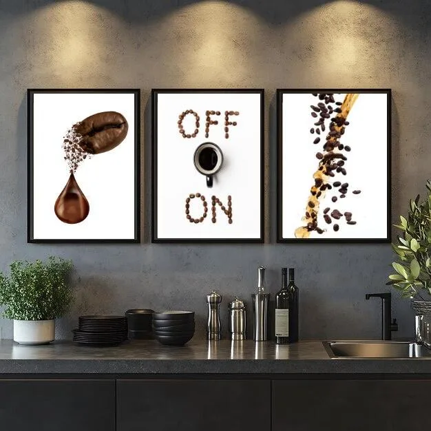 Kit 3 Quadros Café Grãos - On Off 33x24cm - Com Vidro