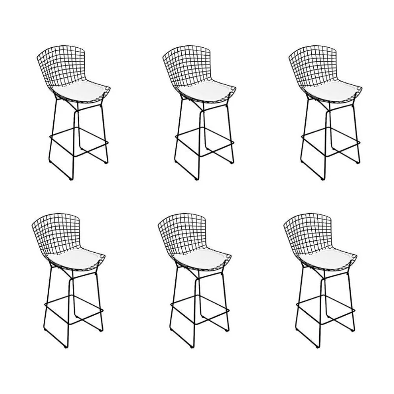 Kit 6 Banquetas Bistrô Bertoia Preta D80 Com Assento Branco