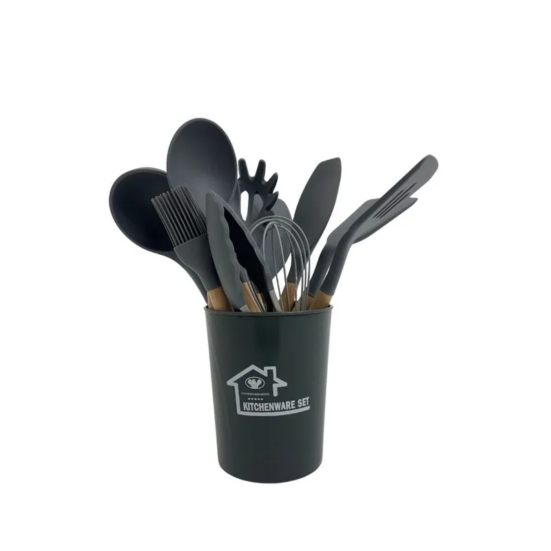 Kit 12 Utensílios de Cozinha Em Silicone e Cabo De Madeira Resistente ao Calor