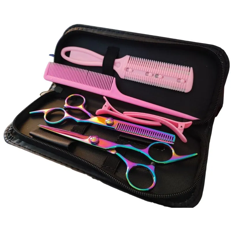 Kit tesouras profissional cabelereiro barbeiro estojo 6 peças oil LMF-1141