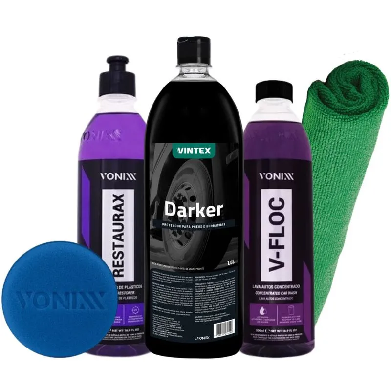 Kit Darker Pneu Pretinho Shampoo V-floc Restaurax Pano Aplic