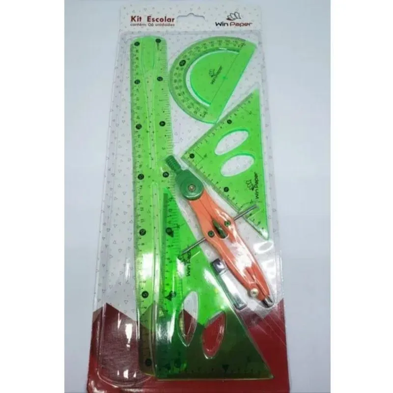 Kit Escolar 6 Peças Transferidor Compasso Régua Esquadro