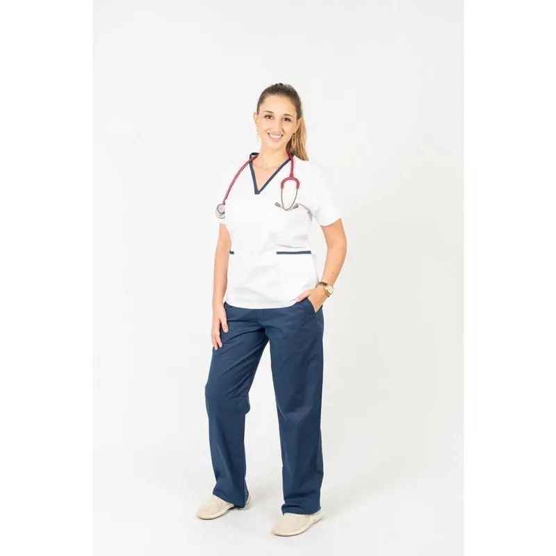 Pijama Cirúrgico Feminino Algodão com Elastano - Branco + Azul Marinho