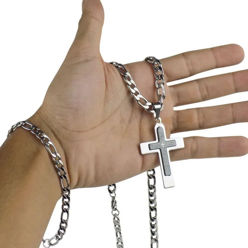 Cordão Aço Inox Prata + Pulseira + Pingente Cruz Pai Nosso