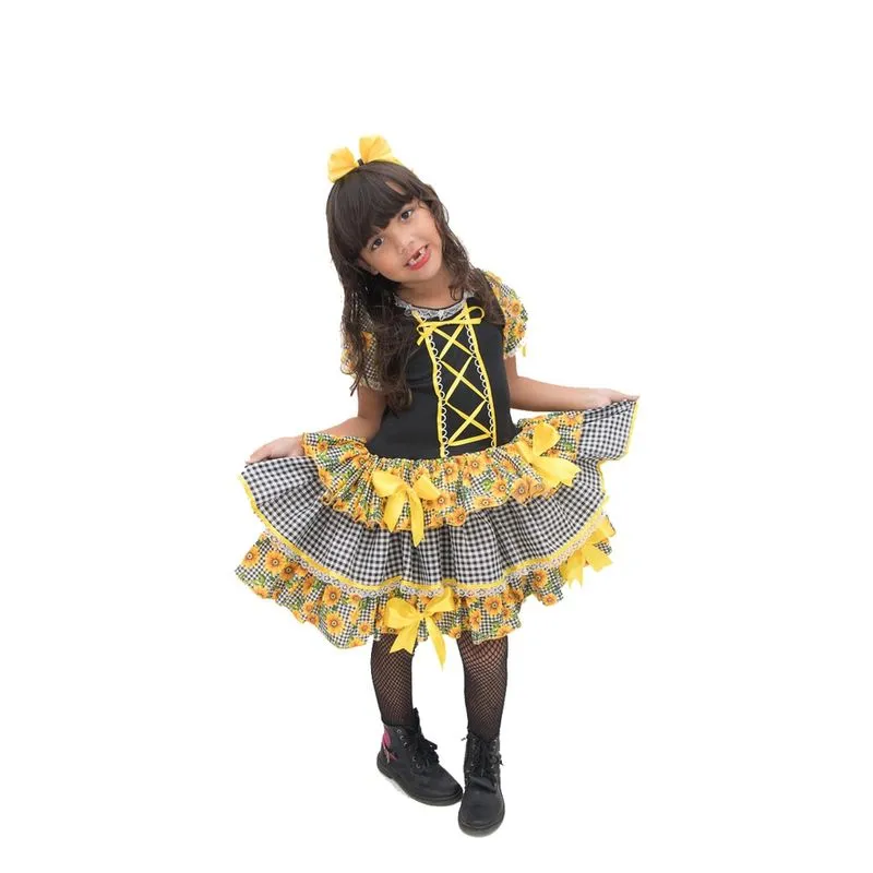 Vestido Junino Infantil Caipira Amarelo Xadrez + Tiara